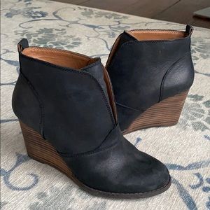 Lucky Brand black wedge heel ankle boots. Size 9